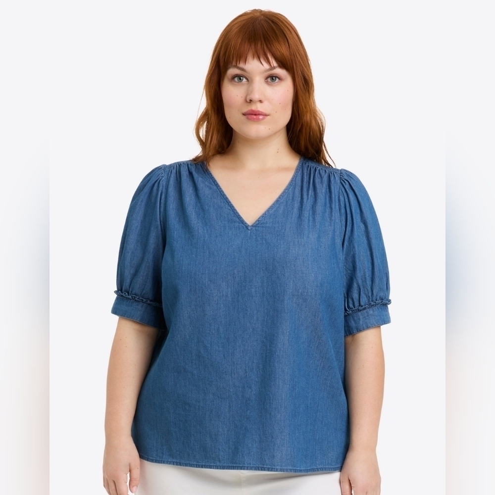 Draper James V-Neck Top in Chambray Puff Sleeve Blue XL